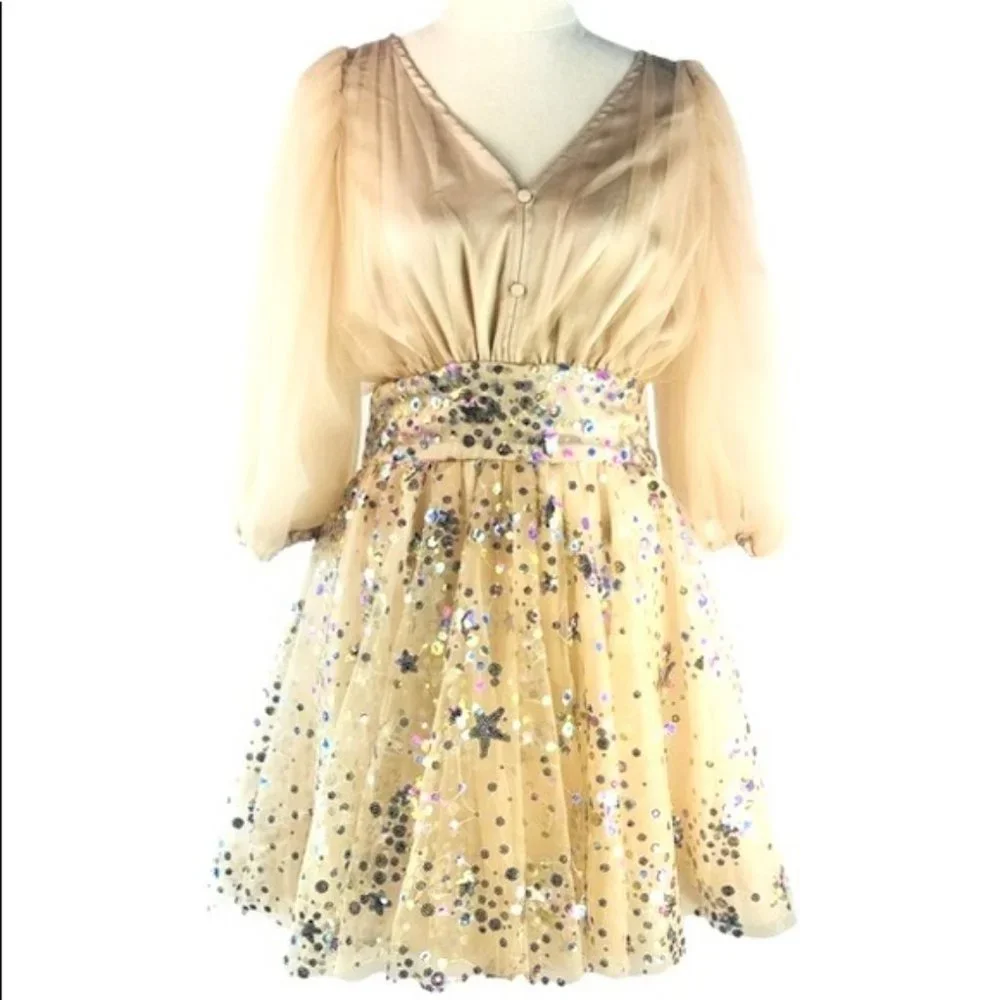 Beige Mini Dress Custom Made Puff Sleeve - NEW - Picture 2 of 9